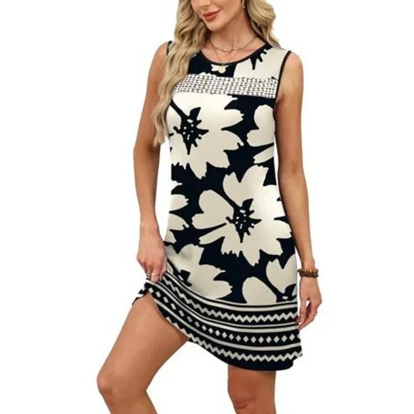 Women’s Black & White Lace Tank Dress Sleeveless Loose Fit Dress with Pockets - Picture 4 of 6